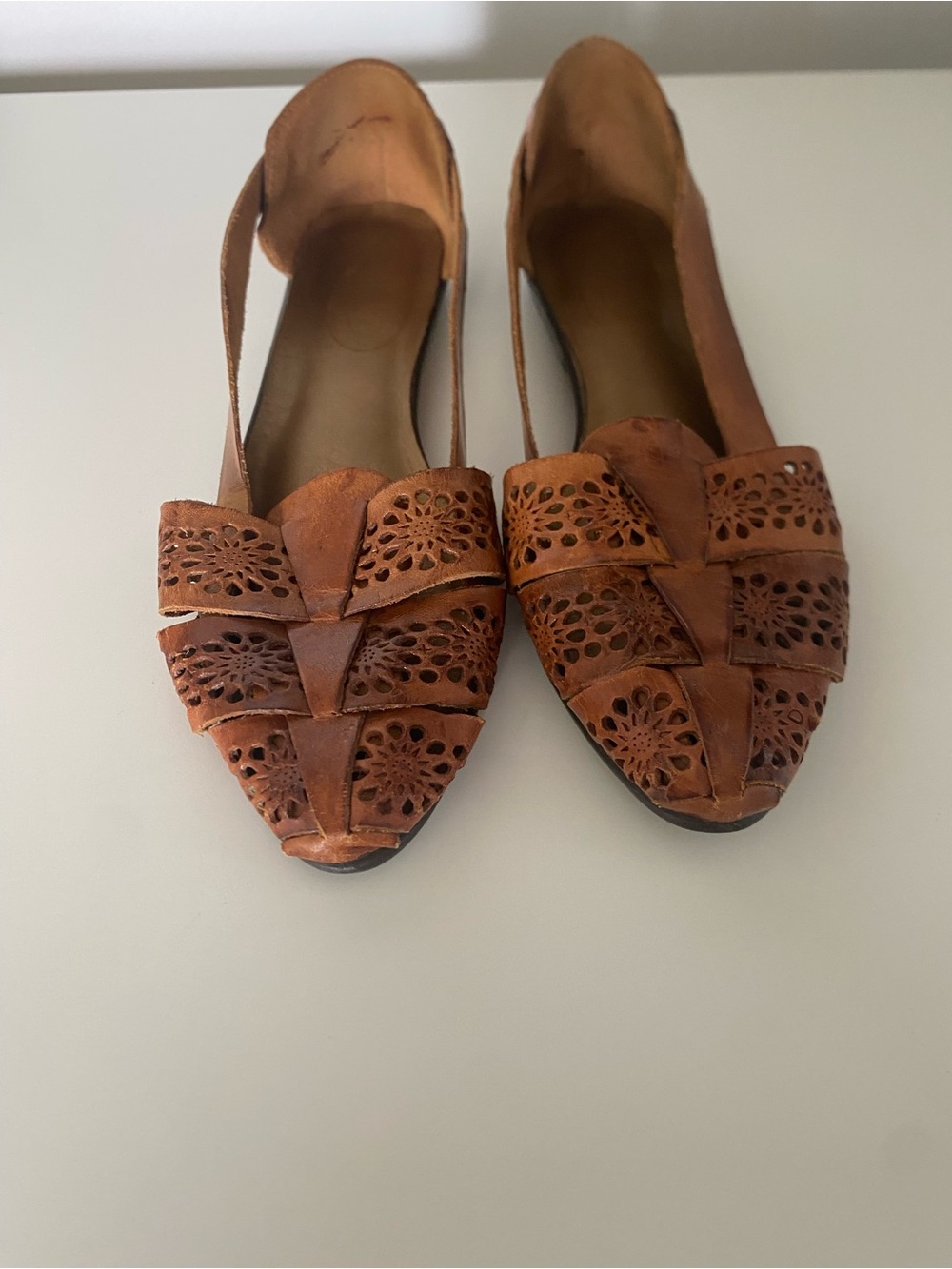 Classic Leather Cutout Huarache Flats in Cognac